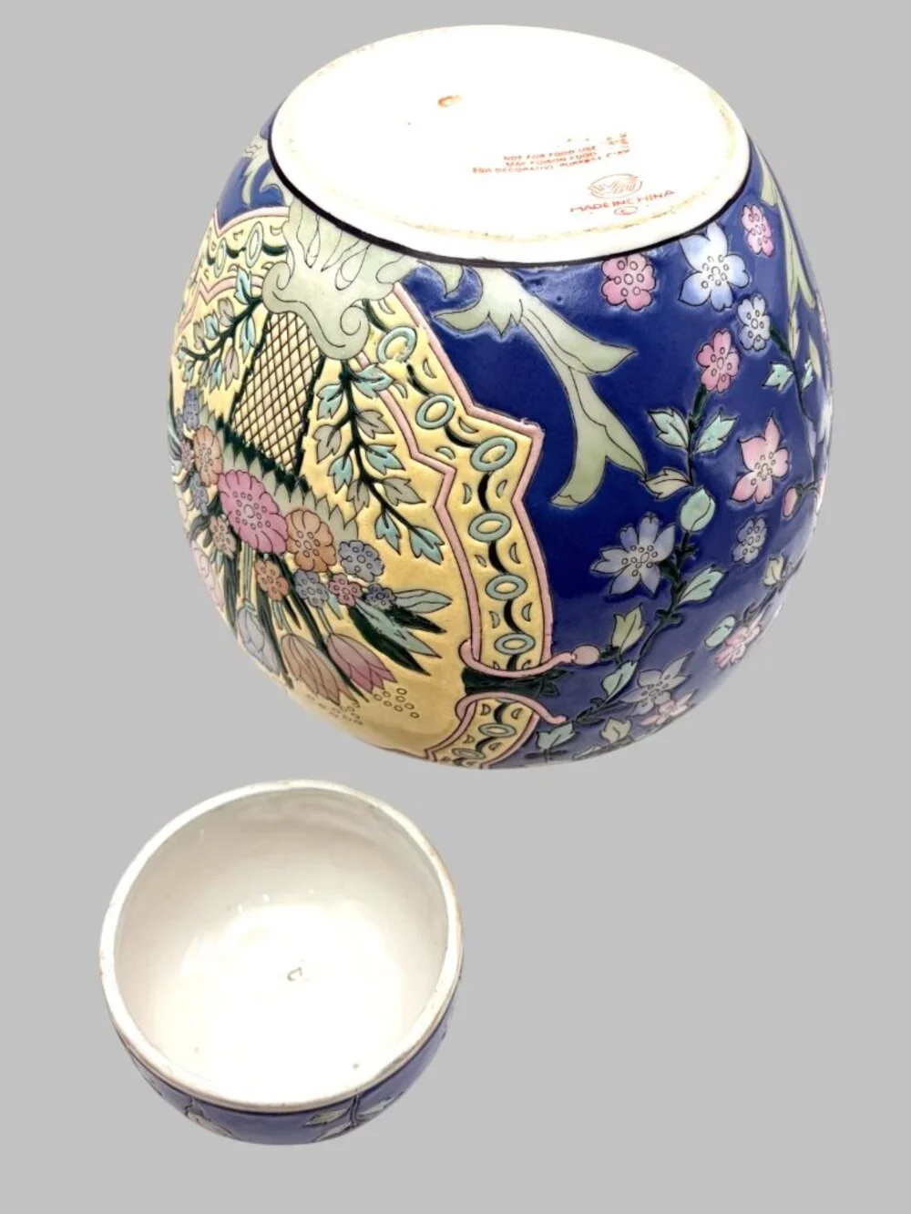 VTG Blue Floral Ginger Jar Urn w/Lid Hand Painted Macau Vase 10
